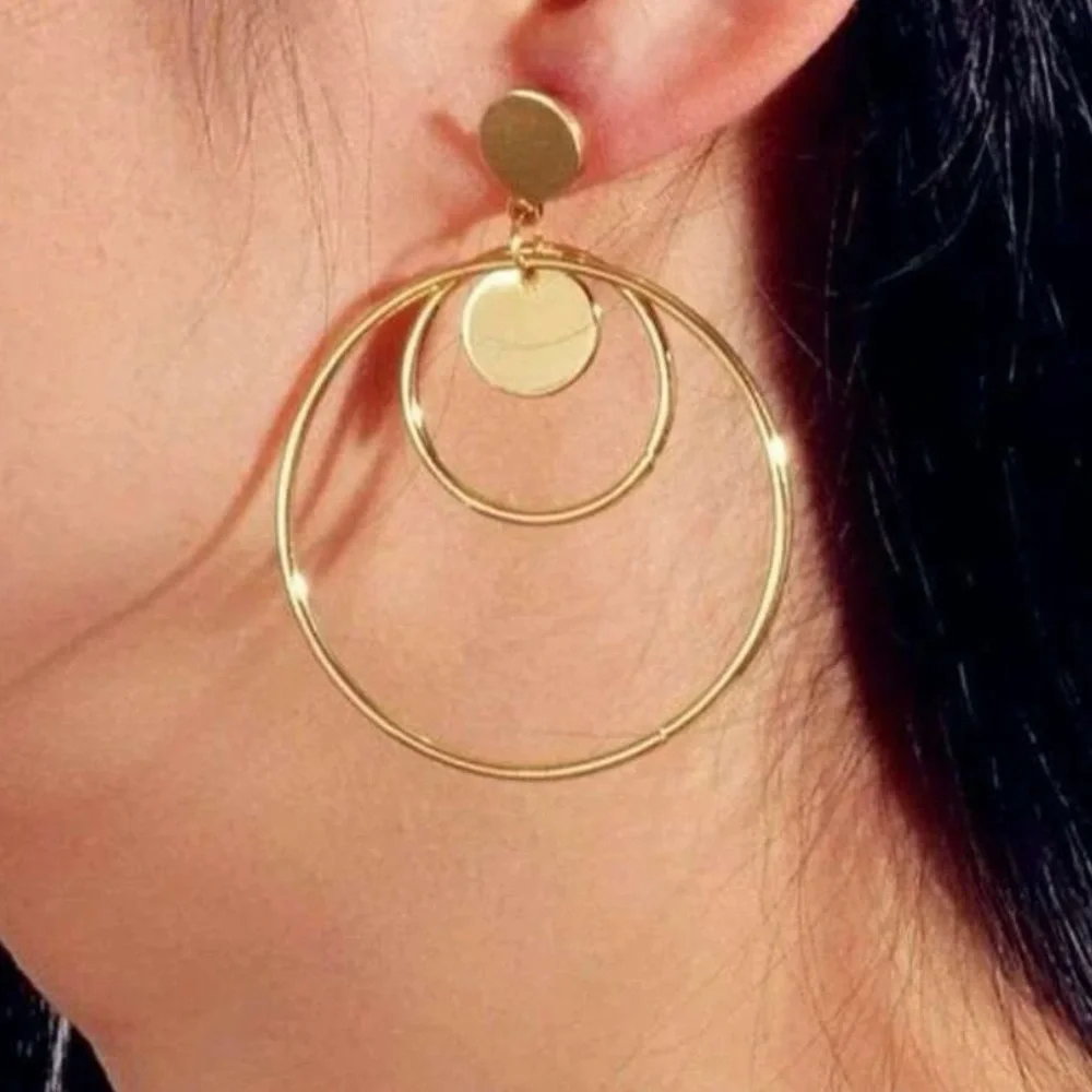 Gold Tone Concentric Hoop Drop Earrings